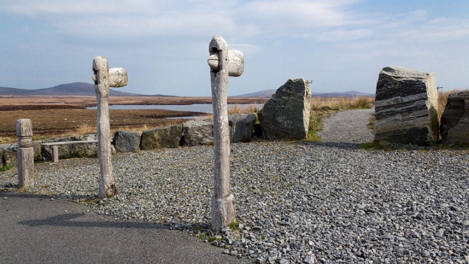 Axe sculptures at the entrance to Barpa Langais