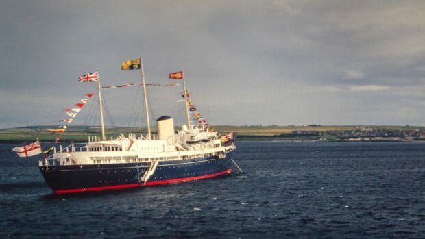 Royal Yacht Britannia in the 1990s at Thurso - today she is moored for sightseeing in Leith, Edinburgh