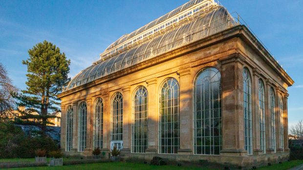 Das viktorianische Gewächshaus des Royal Botanic Garden Edinburgh mit seinem Glasdach und den großen Fenstern.