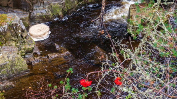 Eine Schaumkrone dreht sich am Wasserfall