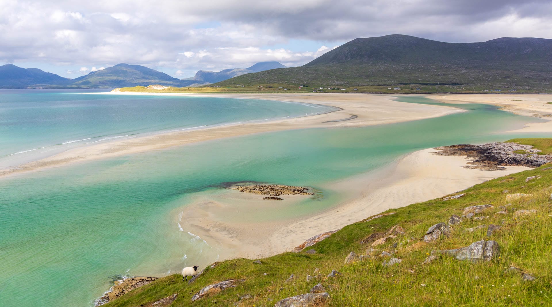 Blick von der Straße auf einen Sandstrand mit grünblauem Wasser und Bergen im Hintergrund auf der Isle of Harris