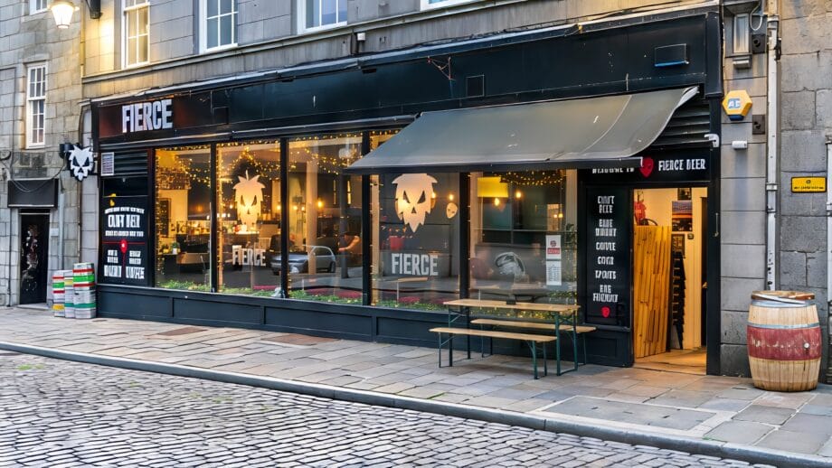 Der beleuchtete Eingang der Fierce Bar, in der es das Bier aus Aberdeen gibt.