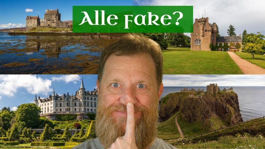 Ein Mann hält sich Clowns-mäßig den Finger auf die Nase. Im Hintergrund vier Burgen, die Schrift fragt: "Alles fake?"