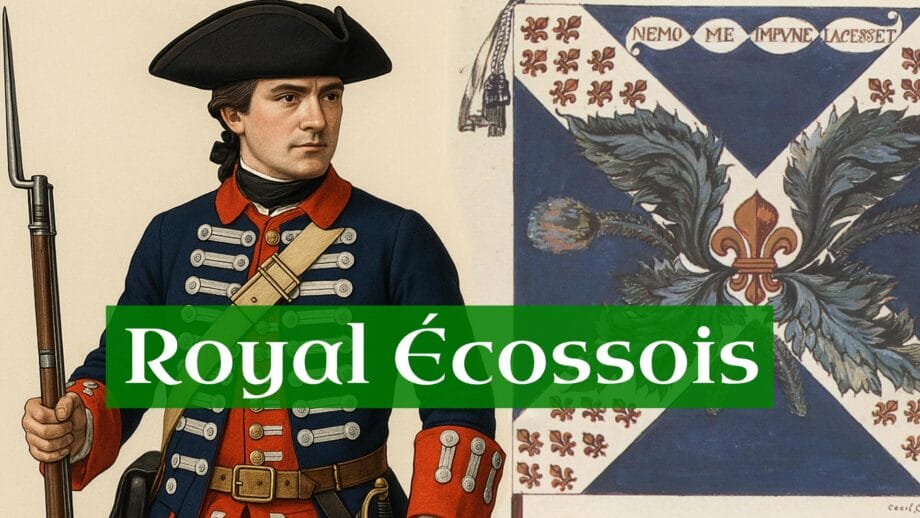 Ein Soldat der Royal Écossois in Uniform neben der Flagge des Regiments.