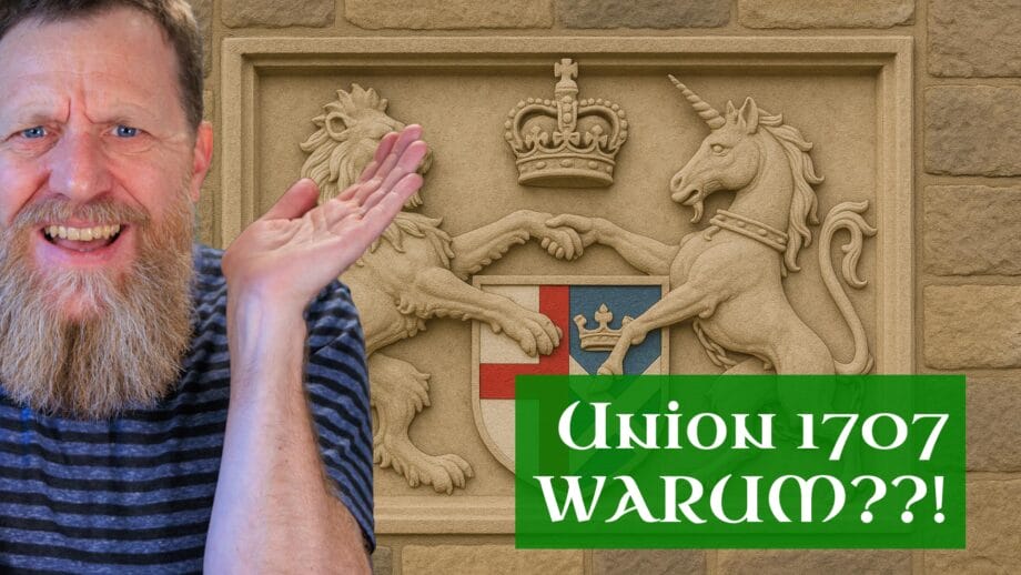 MH-Podcast-YT-TN-Union-1707 Stephan von MyHighlands.de hebt fragend die Arme vor einem Bild, auf dem der englische Löwe dem schottischen Einhorn die Hand schüttelt.