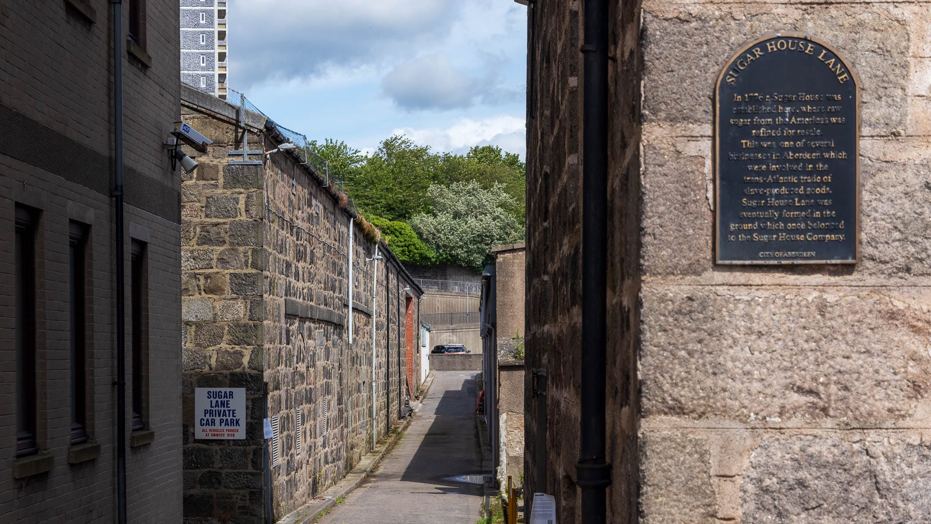 Plakette und Sugar House Lane in Aberdeen
