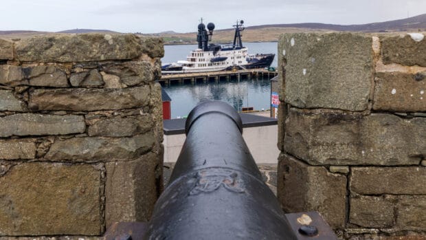 View from a cannon at Fort Charlotte towards the harbour