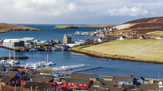 View over the bay of Scalloway with the castle at its centre
