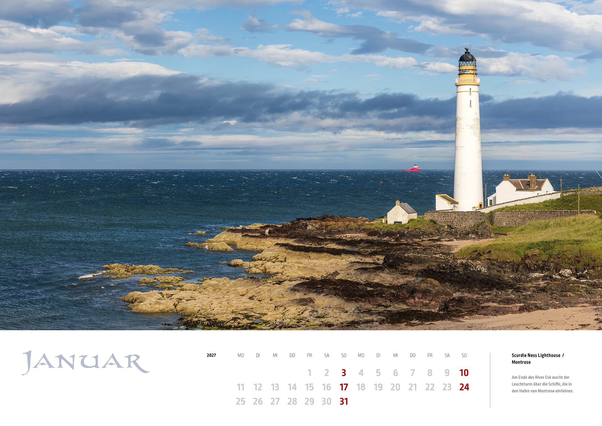Der Scurdie Ness Lighthouse bei Montrose auf dem Kalenderblatt Januar des MyHighlands.de Schottland Kalenders 2027.