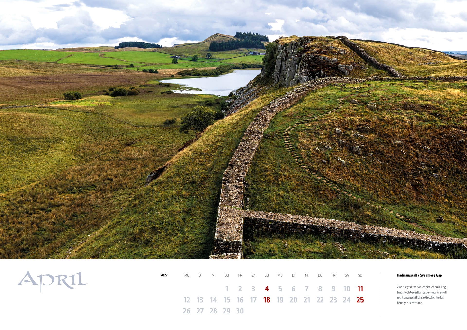 Der Hadrianswall bei Sycamore Gap auf dem Kalenderblatt April des MyHighlands.de Schottland Kalenders 2027.