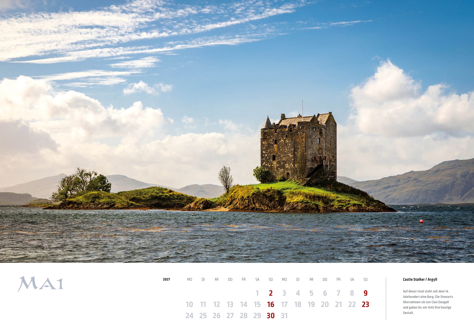 Castle Stalker auf einer kleinen Insel in Argyll auf dem Kalenderblatt Mai des MyHighlands.de Schottland Kalenders 2027.