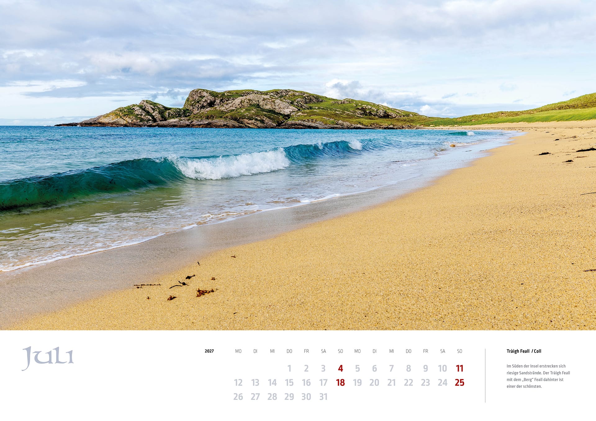 Der Sandstrand Tràigh Feall auf Coll auf dem Kalenderblatt Juli des MyHighlands.de Schottland Kalenders 2027.
